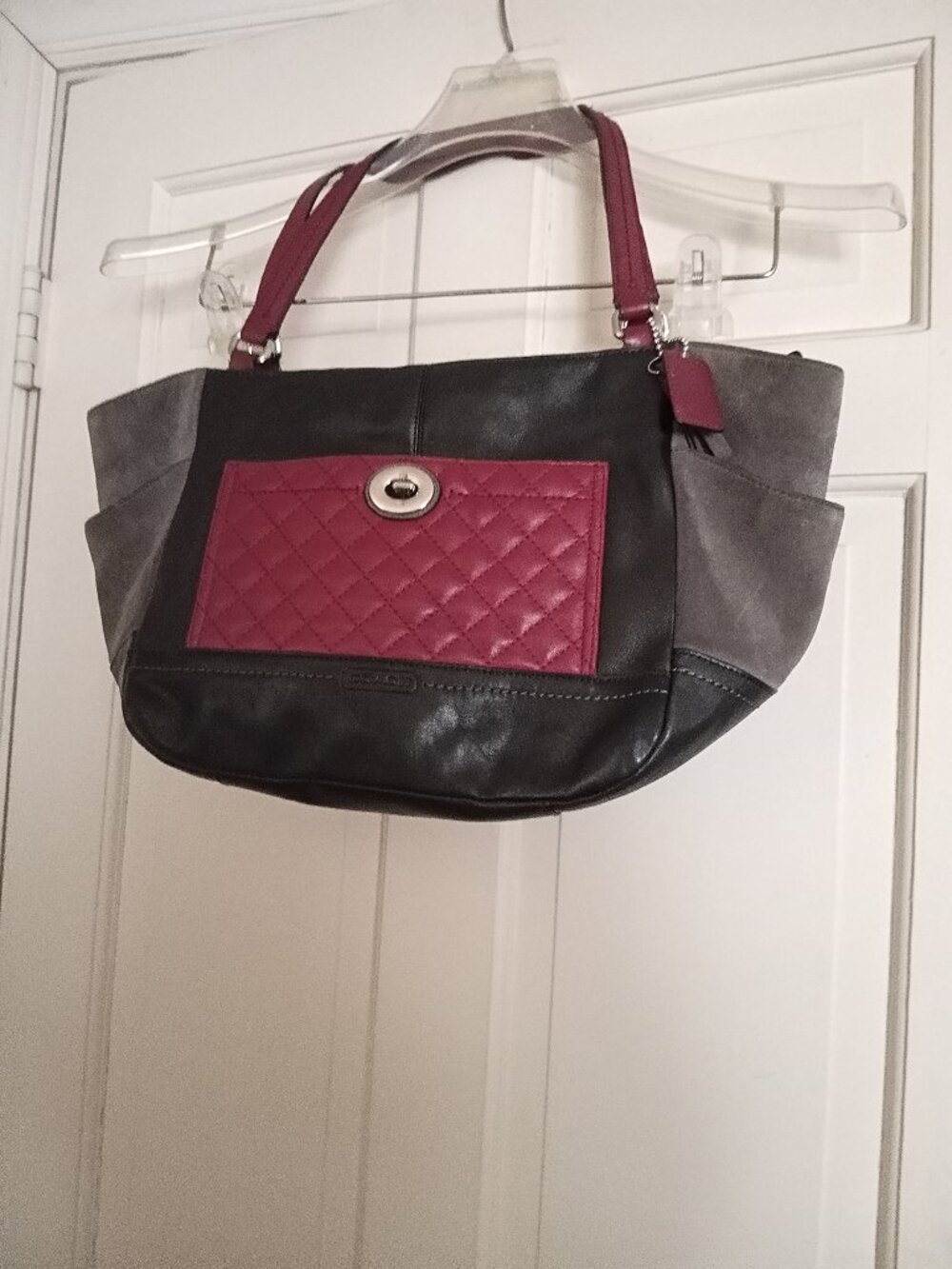 Coach Tri color leater XL bag rare Black, Maroon, and gray colors, logo tag
